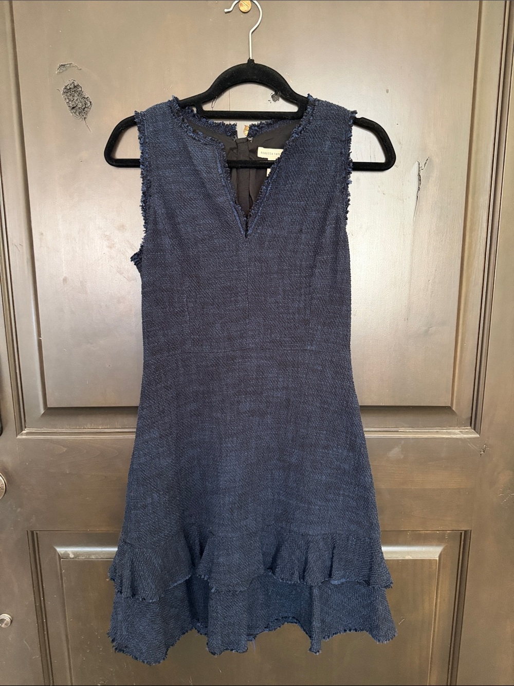 Rebecca Taylor Sleeveless Navy Lined Tweed Ruffle-Hem Dress Size 6